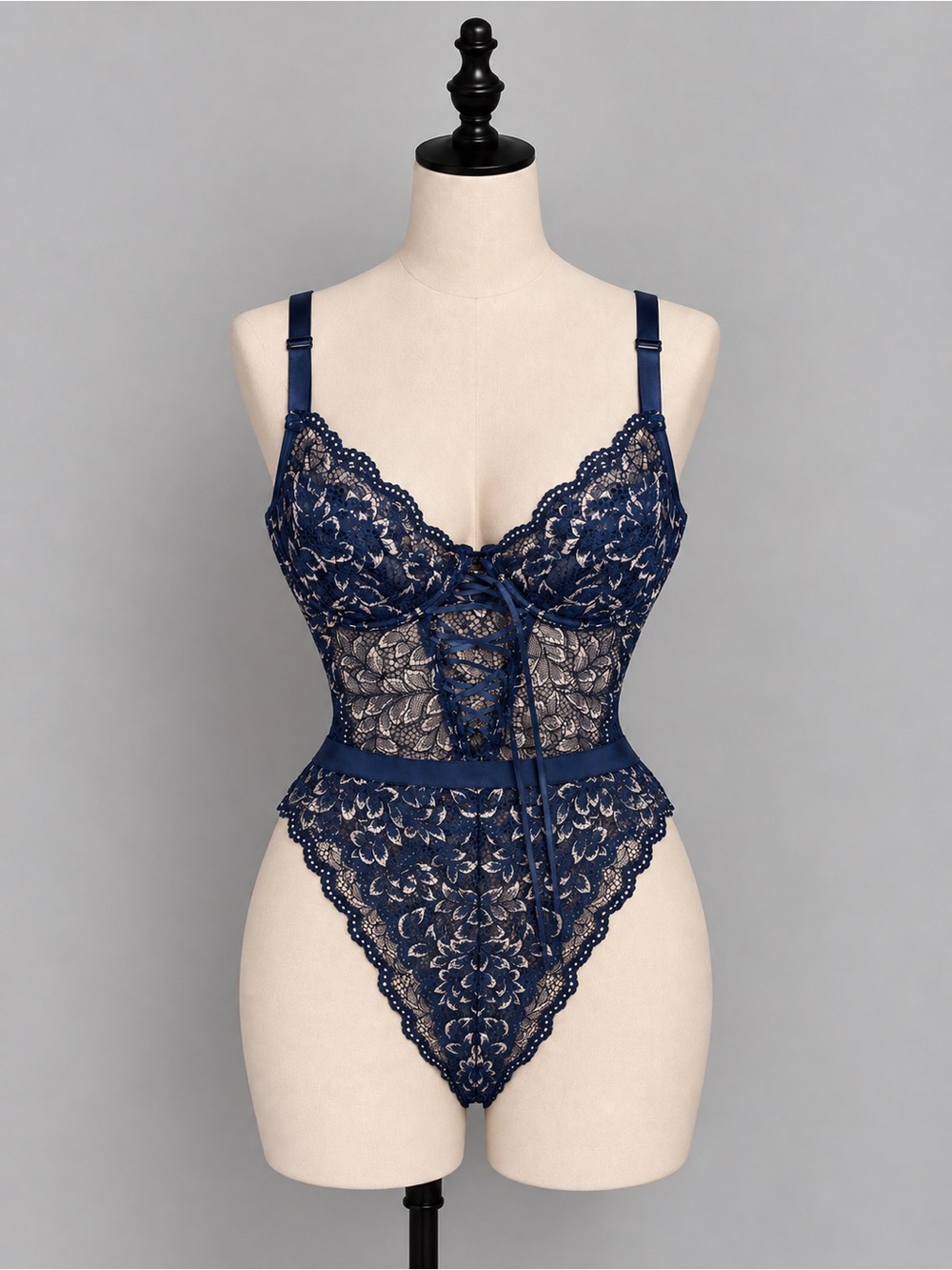 La Vie En Rose Navy Lace Corset Bodysuit with Front Lacing